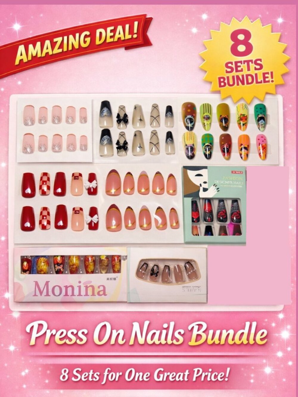 💥🚀💥 Press On Nails Bundle 8 Sets 24pc Each Glue Tabs File Trendy Nail Kit